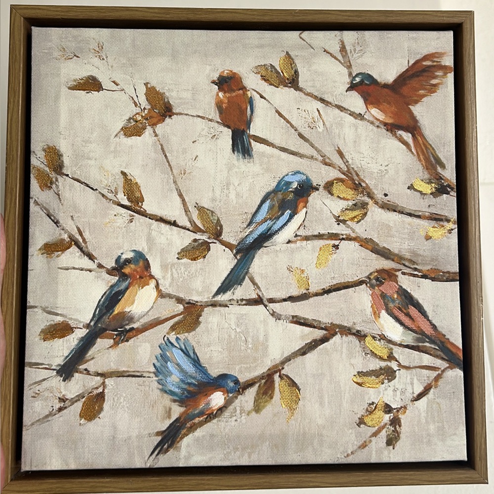 Framed Bird Canvas Art Painting- Blue and Golden Rust Tones